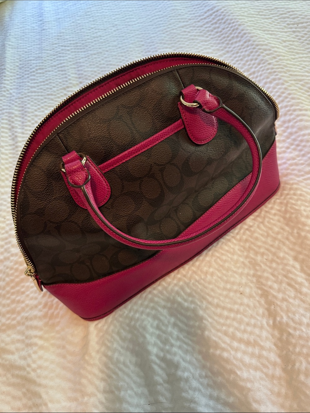 Coach Brown Signature Satchel with Pink Trim and Handles - Picture 4 of 7